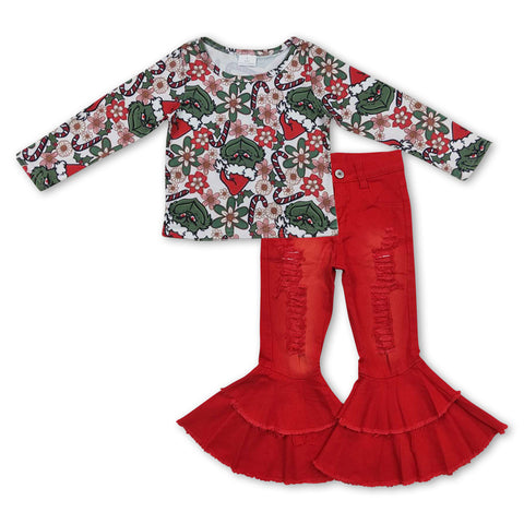 GLP0934 Christmas Flower Red Ripped Jeans 2 Pcs Girl's Set