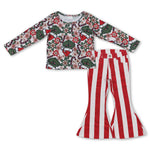 GLP0935 Christmas Flower Red Stripe Jeans 2 Pcs Girl's Set