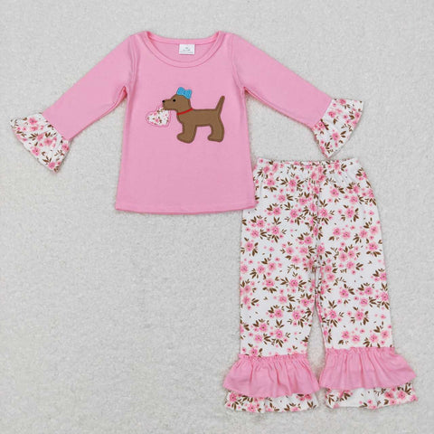GLP0937 Embroidery Dog Love Flower Pink Girl Set