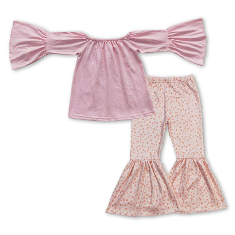 GLP0938 Cotton Pure Pink Flare Pants Girl's Set
