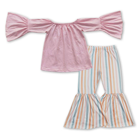 GLP0939 Cotton Pure Pink Stripe Flare Pants Girl's Set