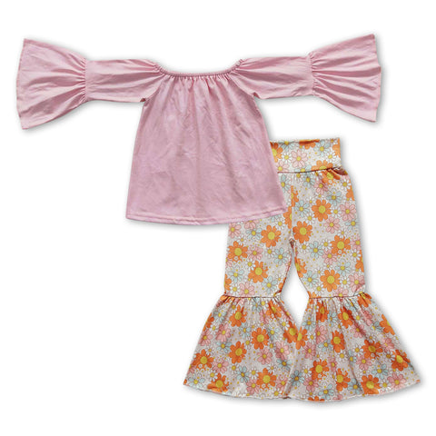 GLP0940 Cotton Pure Pink Orange Flower Flare Pants Girl's Set