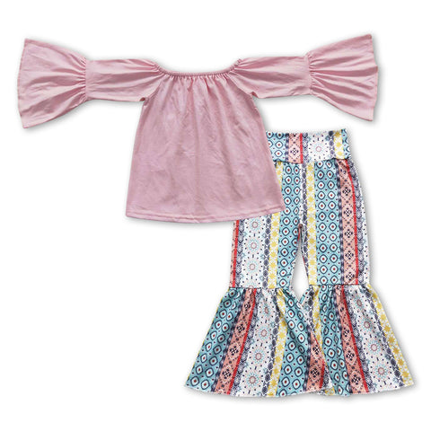 GLP0941 Cotton Pure Pink Stripe Flare Pants Girl's Set
