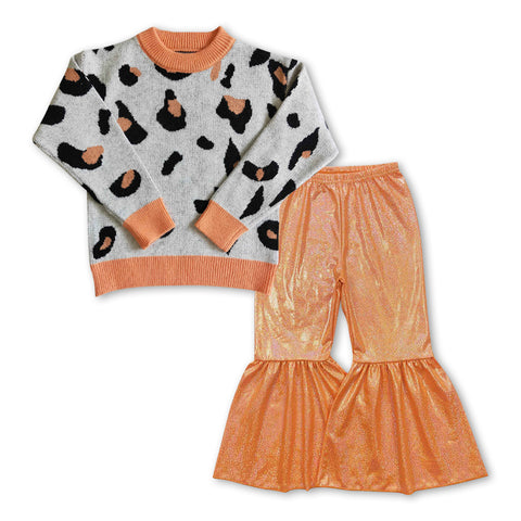 GLP0943 Winter Orange Leopard Knit Sweater Flare Satin Pants Girls Set