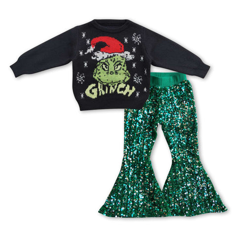 GLP0944 Christmas Knit Sweater Green Sequin Pants Girls Set