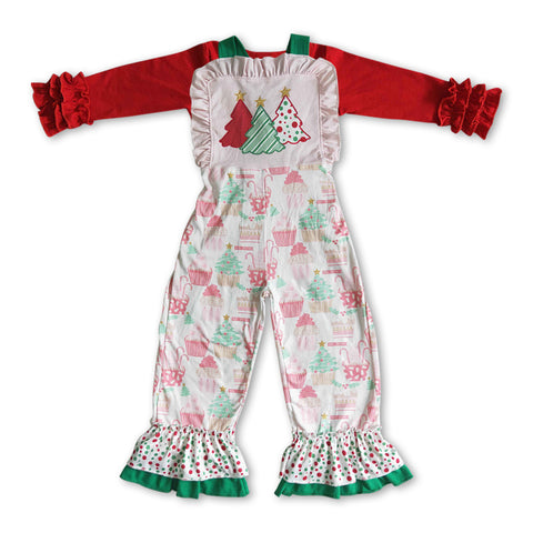 GLP0950 Christmas Trees Red Overall Jumpsuit Girl's Set