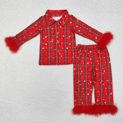 GLP0956 Fashion Christmas Plaid Red Feather Girl's Pajamas Set