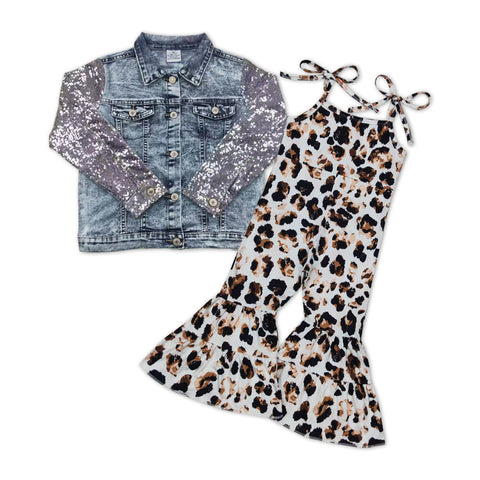 GLP0965 Sequin Denim Jacket With Leopard Jumpsuit 2 Pcs Girl's Set