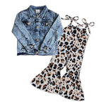 GLP0966 Boutique Denim Jacket With Leopard Jumpsuit 2 Pcs Girl's Set