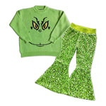 Preorder Restocking GLP0973 Christmas Winter Knit Sweater Green Sequin Pants Girls Set