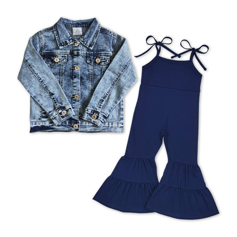 GLP0980 Boutique Denim Jacket With Dark Blue Jumpsuit 2 Pcs Girl's Set