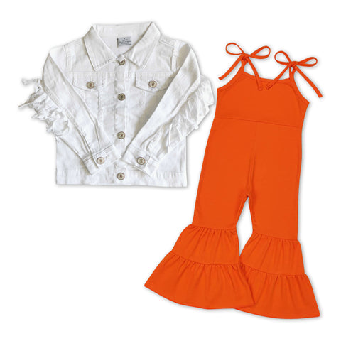 GLP0981 Boutique White Denim Jacket With Orange Jumpsuit 2 Pcs Girl's Set