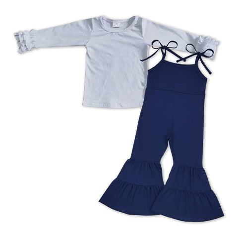 GLP0982 Solid White Dark Blue Cotton Overall Jumpsuit Girl's Set