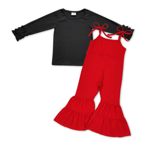 GLP0983 Solid Red Black Cotton Overall Jumpsuit Girl's Set