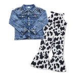 GLP1001 Boutique Denim Jacket With Cow Jumpsuit 2 Pcs Girl's Set