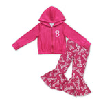 GLP1003 Fashion Barbie Hoodie Top Hot Pink Jeans 2 Pcs Girl's Set