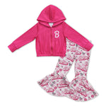 GLP1004 Fashion Barbie Hoodie Top Hot Pink Jeans 2 Pcs Girl's Set