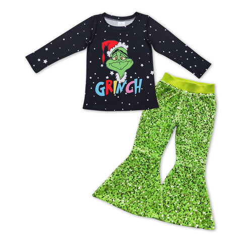 GLP1007 Christmas Black Green Animal Green Sequin Girl's Set