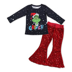 GLP1008 Christmas Black Green Animal Red Sequin Girl's Set