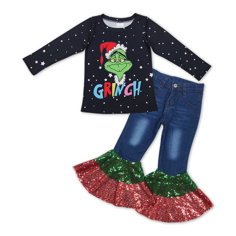 GLP1009 Christmas Green Animal Sequin Flare Denim Pants Jeans 2 Pcs Girls Set