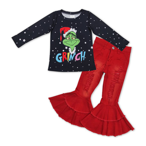 GLP1010 Christmas Green Animal Red Ripped Flare Denim Pants Jeans 2 Pcs Girls Set