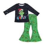 GLP1011 Christmas Green Animal Flare Denim Pants Jeans 2 Pcs Girls Set