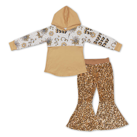 GLP1022 Happy New Year Hoodie Gold Sequin Girl's Set