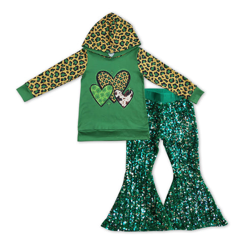 GLP1023 St patrick Love Hoodie Green Sequin Girl's Set