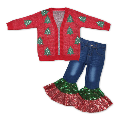GLP1026 Christmas Tree Cardigan Sequin Jeans Girls 2 Pcs Set