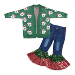 GLP1027 Christmas Santa Cardigan Sequin Jeans Girls 2 Pcs Set