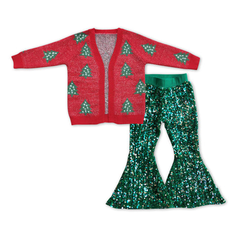 GLP1029 Christmas Trees Cardigan Sequin Green Girls 2 Pcs Set