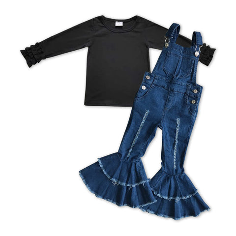 GLP1031 Fashion Cotton Black Denim Overalls Jeans Girls Overalls Set
