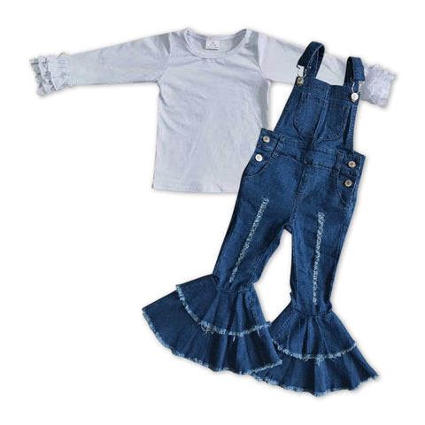 GLP1032 Fashion Cotton White Denim Overalls Jeans Girls Overalls Set