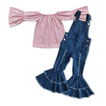 GLP1034 Fashion Cotton Pink Ruffle Denim Overalls Jeans Girls Overalls Set