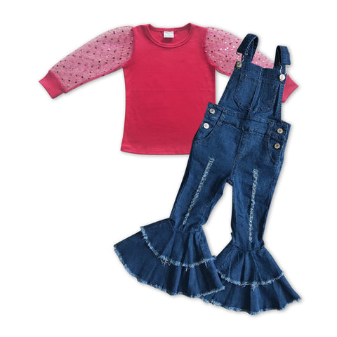 GLP1035 Fashion Pink Tulle Denim Overalls Jeans Girls Overalls Set