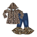 GLP1040 Fashion Leopard Ruffle Hoodie Coat Jeans 2 Pcs Girl's Set