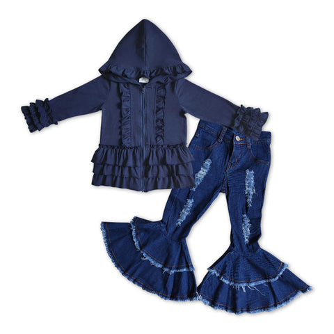 GLP1041 Fashion Blue Ruffle Hoodie Coat Jeans 2 Pcs Girl's Set