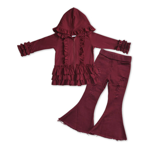 GLP1042 Fashion Red Ruffle Hoodie Coat Jeans 2 Pcs Girl's Set