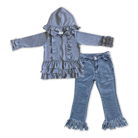 GLP1043 Fashion Grey Ruffle Hoodie Coat Tassel Jeans 2 Pcs Girl's Set