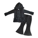 GLP1044 Fashion Black Ruffle Hoodie Coat Jeans 2 Pcs Girl's Set