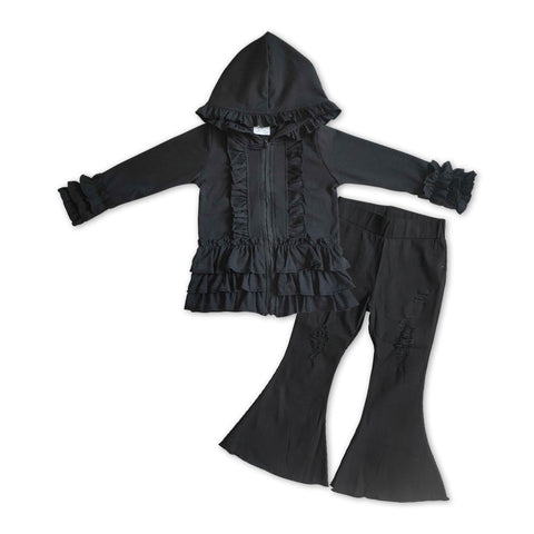 GLP1044 Fashion Black Ruffle Hoodie Coat Jeans 2 Pcs Girl's Set