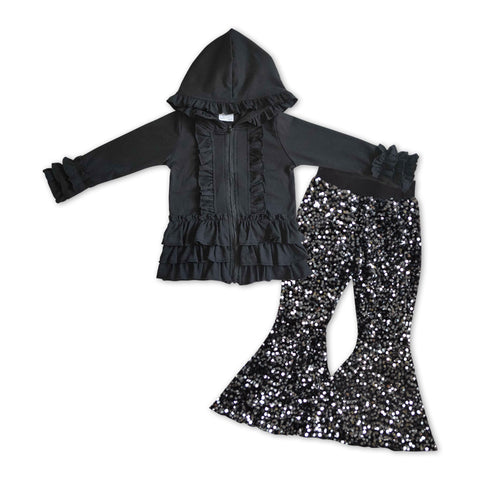 GLP1045 Black Ruffle Hoodie Coat Sequin Pants 2 Pcs Girl's Set