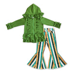 GLP1046 Fashion Green Ruffle Hoodie Coat Stripe Jeans 2 Pcs Girl's Set