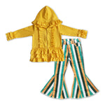 GLP1047 Fashion Yellow Ruffle Hoodie Coat Stripe Jeans 2 Pcs Girl's Set