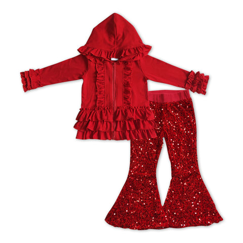 GLP1048 Red Ruffle Hoodie Coat Sequin Pants 2 Pcs Girl's Set