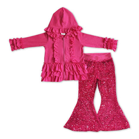 GLP1049 Hot Pink Ruffle Hoodie Coat Sequin Pants 2 Pcs Girl's Set