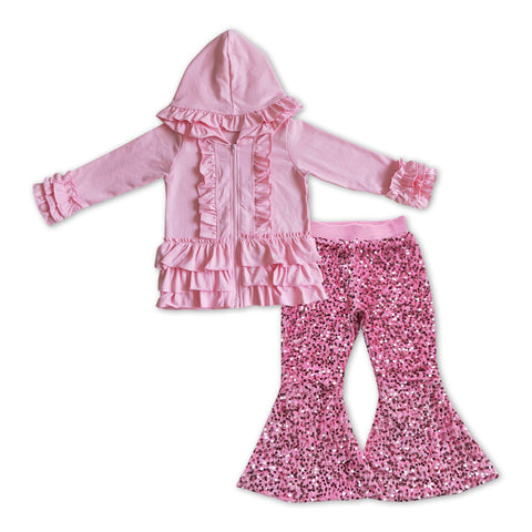 GLP1050 Light Pink Ruffle Hoodie Coat Sequin Pants 2 Pcs Girl's Set