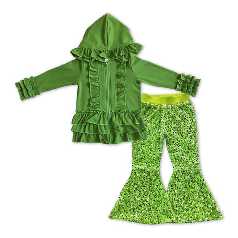 GLP1056 Green Ruffle Hoodie Coat Sequin Pants 2 Pcs Girl's Set