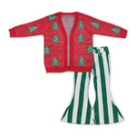 GLP1071 Christmas Trees Cardigan Green Stripe Jeans Girls 2 Pcs Set