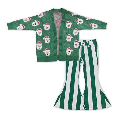 GLP1072 Christmas Santa Cardigan Green Stripe Jeans Girls 2 Pcs Set